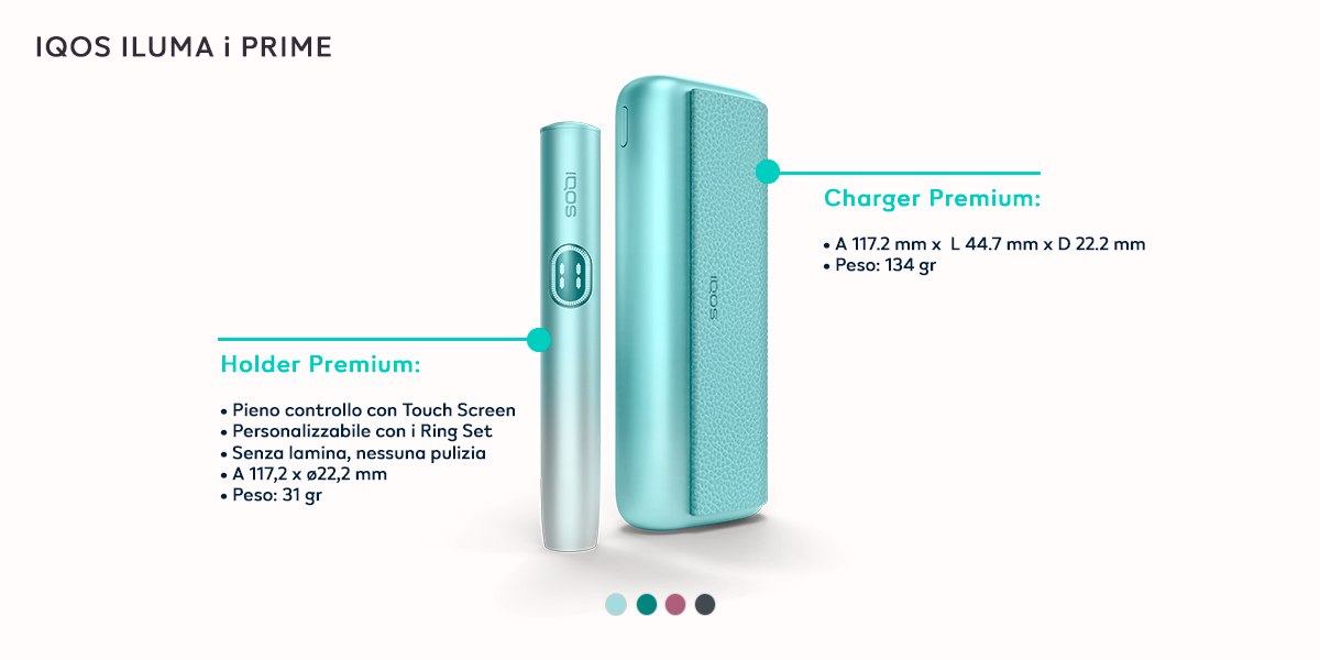 Infografica con caratteristiche e colori disponibili del riscaldatore di tabacco IQOS ILUMA i PRIME