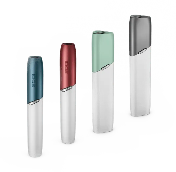 Line up of 4 IQOS 3 DUO and MULTI holders with customised caps