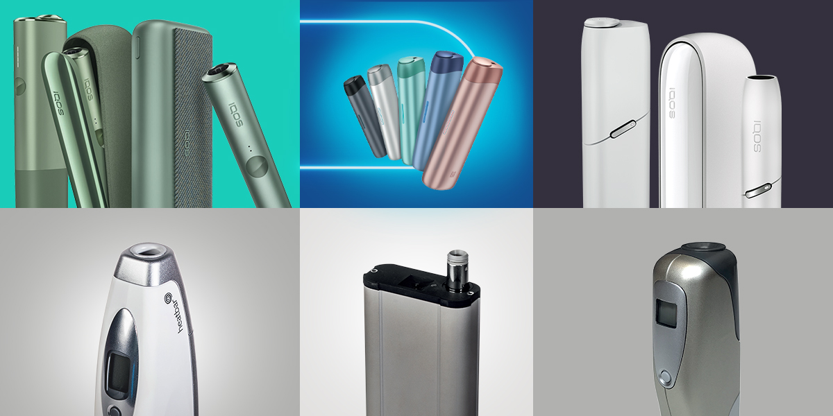 Serie di 6 immagini con dispositivi IQOS dal primo modello al nuovo riscaldatore di tabacco IQOS ILUMA