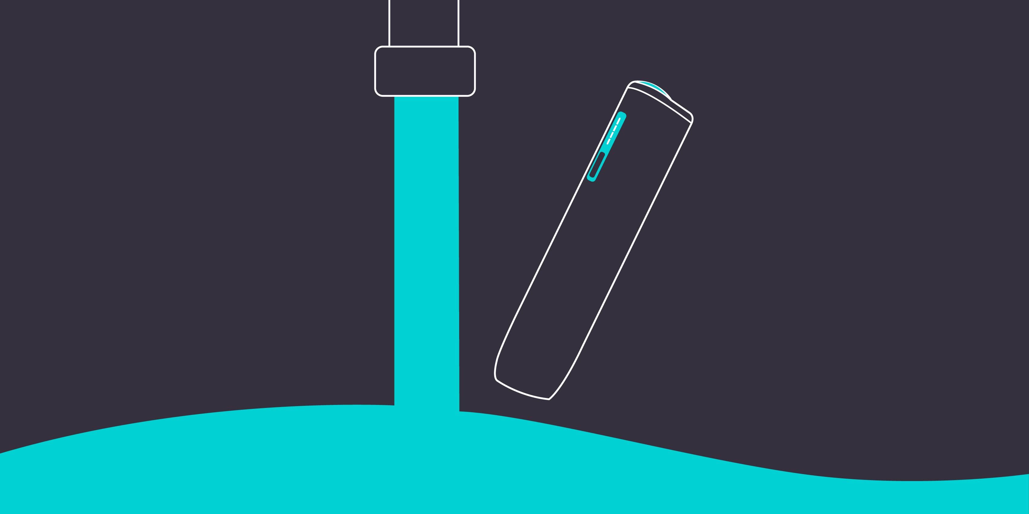 Rappresentazione grafica di un riscaldatore di tabacco IQOS vicino all’acqua del rubinetto