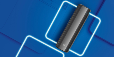 Black-colored Lil SOLID 2.0 device on a stylized blue background and blue neon squares around the device.