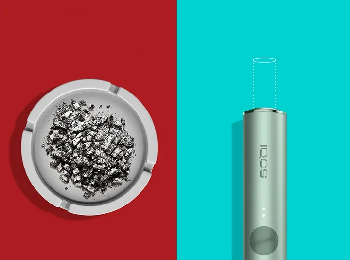Infographic comparing products with combustion. On the left is a white ashtray with grey ash on a burgundy background and on the right is a green IQOS ILUMA device with a stylised grey tobacco stick on a turquoise background. Above the ashtray the text is ‘with combustion’ and above the IQOS ILUMA the text is ‘without combustion’.