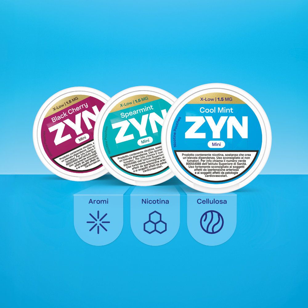 Three varieties of ZYN: BLACK CHERRY, Spearmint, and Cool Mint with icons of the main ingredients