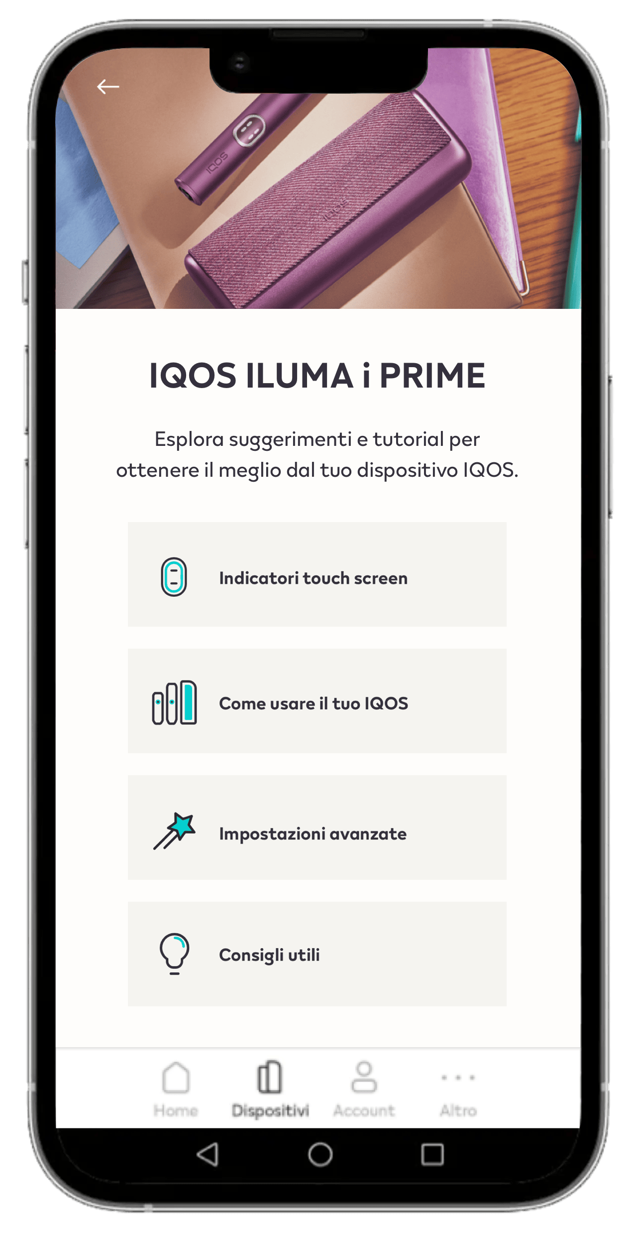 L'IQOS App su un telefono cellulare.